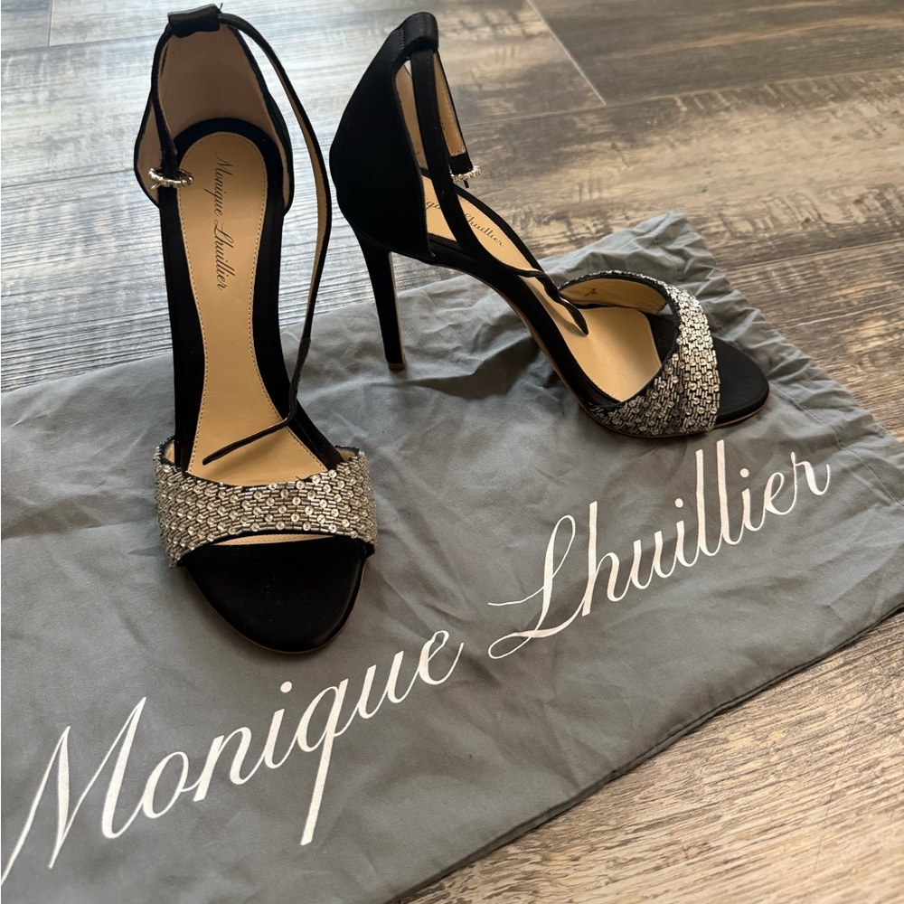 Monique Lhuillier Black Heeled Sandals with Silver Crystal Strap